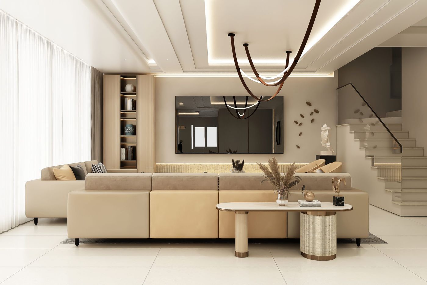 Warm beige living room, styled and serene